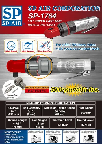 Vista 2 de SP Air Corporation SP-1764 - Llave de trinquete de impacto súper rápida de 1/4 pulgadas