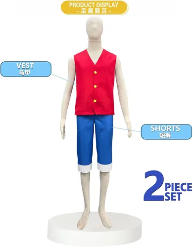 Vista 2 de MRHALLCOS Disfraz de Luffy de una pieza para cosplay, abrigo rojo, pantalones cortos azules