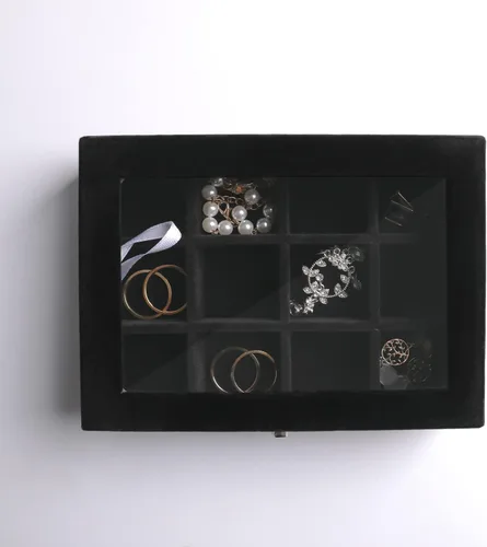 Vista 5 de Frebeauty Bandeja organizadora de joyas con tapa transparente, 12 rejillas de terciopelo con tapa transparente, vitrina de joyería, caja de joyería