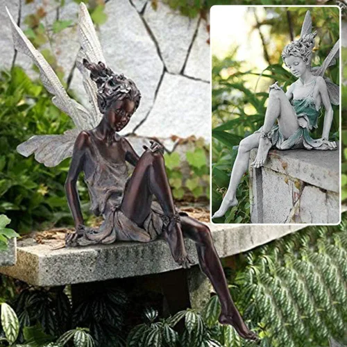 Vista 7 de EKDJKK Estatua de hada sentada para jardín, adorno de resina, manualidades, paisajismo, patio, decoración de parque, césped, hogar, patio, jardín