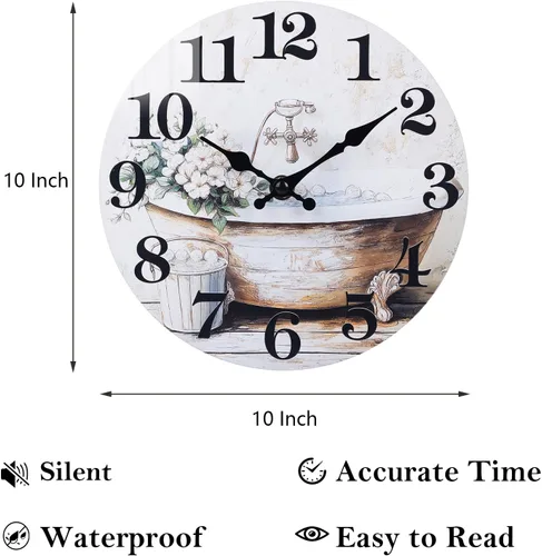 Vista 2 de Reloj de pared para baño, estilo rústico, impermeable, de cristal, 10 pulgadas, color marrón