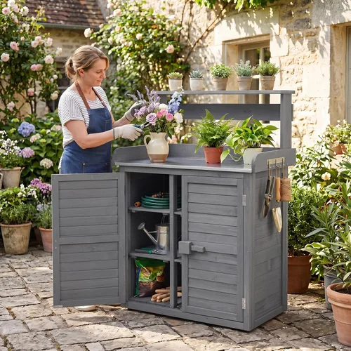 Vista 2 de Goplus Garden Potting Bench Table with Stainless Steel Tabletop