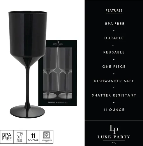 Vista 3 de LUXE PARTY Paquete de 24 copas de vino desechables 11 onzas Plástico premium Una pieza Copas Fiestas Bodas Negro