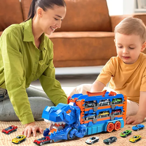 Vista 4 de Camión transportador de dinosaurios de juguete para niños de 3, 4, 5, 6 años, traje de pistas de autos para niños con 12 autos de carreras fundidos