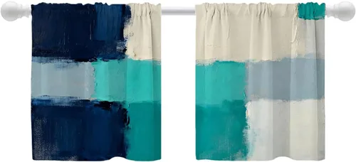 Vista 204 de Shrahala Beige and Orange Abstract Art Brushstrokes Blackout Curtain Tiers, Abstract Oil Paint Kitchen Valance Light Blocking Tier Drapes with Rod