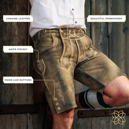 Vista 4 de Lederhosen Men Oktoberfest Costume, Genuine Leather German, Mushroom Brown Short
