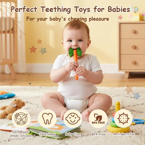 Vista 7 de Juguetes de dentición para bebés, tubos de dentición huecos de conejo de zanahoria de silicona Sensory Chew Toys Over 3 Months - Teether Straws for