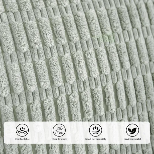 Vista 3 de Juego de 4 fundas de almohada decorativas de pana de 16 x 16 pulgadas, beige y verde Fundas de almohada suaves a rayas estilo bohemio moderno