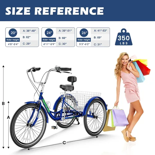 Vista 5 de Barbella Triciclos para adultos, 7 velocidades para adultos, bicicletas de 3 ruedas de 20/24/26 pulgadas, bicicleta de crucero con cesta