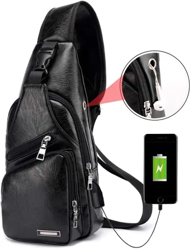 Vista 3 de Seoky Rop Bolso bandolera pequeño de cuero para hombre, bolso bandolera con puerto de carga USB, Negro -, Mochilas Sling