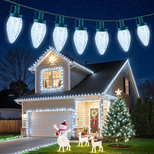 Vista 13 de Luces LED C9 de Navidad para exteriores, 34 pies, 50 LED, impermeables, decoraciones navideñas de fresas, luces de cadena, enchufables, luces