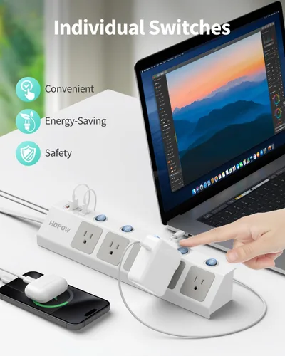 Vista 2 de HOPOW Regleta de alimentación de enchufe plano con interruptores individuales, cable de extensión plano ultrafino de 10 pies, protector