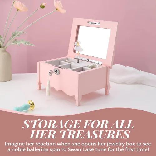 Vista 4 de Joyero musical de bailarina de pies grandes con espejo y cerradura para niñas, caja de almacenamiento de joyas rosa para niños, organizador de joyas