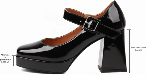 Vista 4 de Zapatos de tacón grueso con plataforma para mujer, punta cuadrada, Mary Janes pumps de tacón de bloque Negro