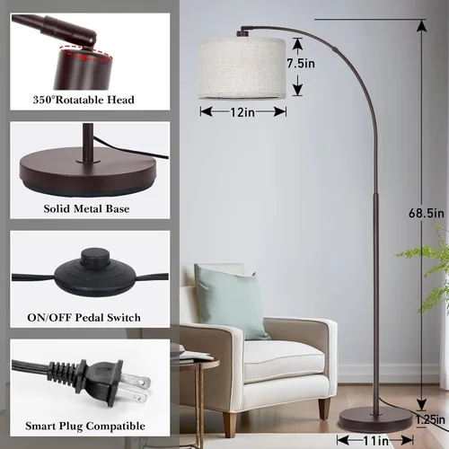 Vista 3 de Lámpara de pie para sala de estar, lámpara de pie de arco con cabezal de lámpara ajustable, lámpara de pie de poste alto con interruptor de pedal