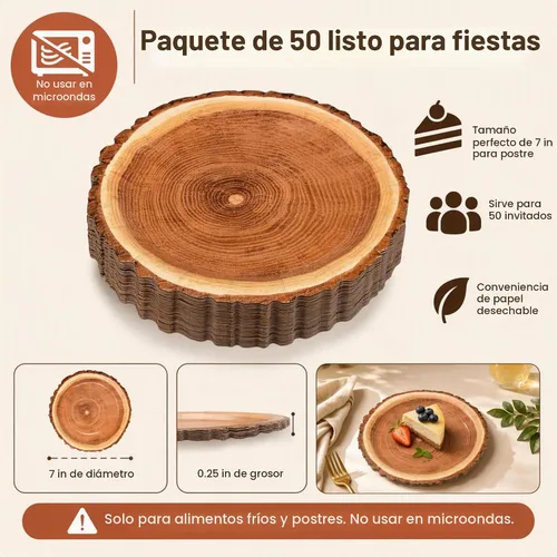 Vista 8 de Gift Boutique - 50 platos de papel de postre de grano de madera rústica