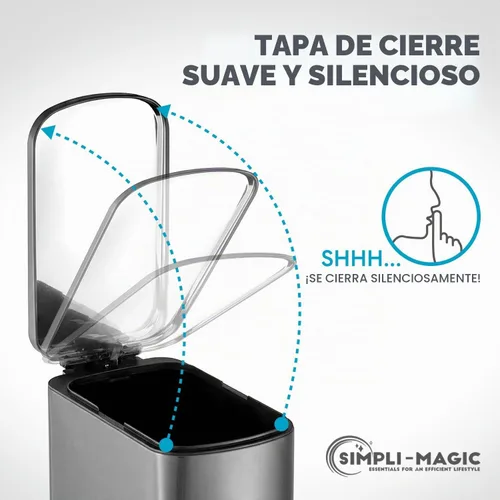 Vista 4 de SIMPLI-Magic Bote de basura de acero inoxidable de 6L/1.6G con pedal manos libres, tapa silenciosa de cierre suave, tamaño compacto que ahorra
