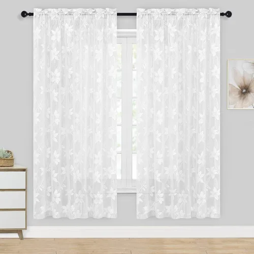 Vista 47 de DWCN Paquete de 2 cortinas traslúcidas pequeñas de encaje floral beige para cocina, cortinas traslúcidas ligeras con bolsillo para barra, cortinas