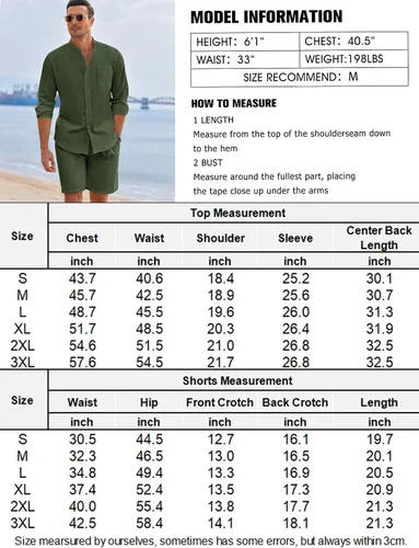 Vista 6 de COOFANDY Conjuntos de lino para hombre, 2 piezas, camisa de manga larga y pantalones cortos casuales con cordón en la cintura, trajes de verano