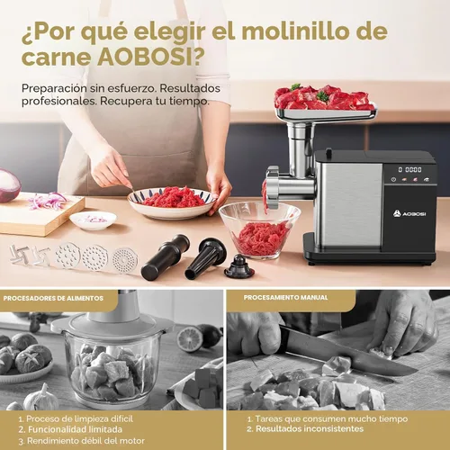 Vista 6 de AAOBOSI Picadora de carne eléctrica de 3000 W máx. con pantalla táctil a color, inversión automática y almacenamiento integrado, 3 ajustes
