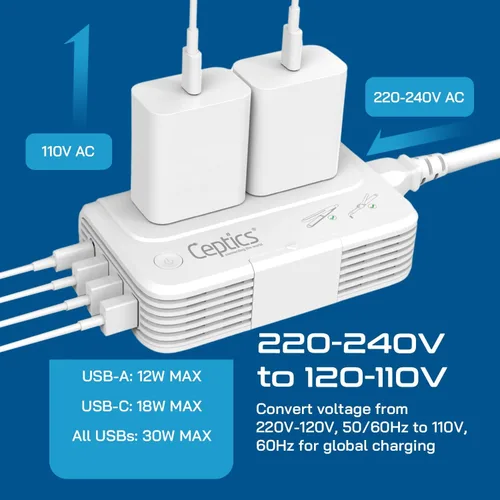 Vista 6 de Adaptador de conexión universal a tierra Ceptics, 4 USB + convertidores 150 W, Blanco