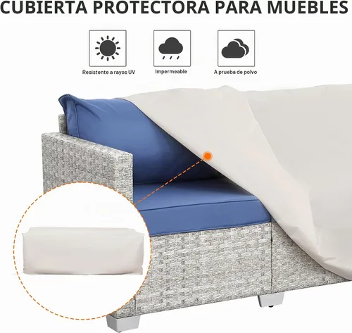 Vista 6 de WAROOM Sofá al aire libre de mimbre de 3 plazas, sofá de patio de ratán gris, muebles de balcón, asiento profundo, asiento de porche, cojín azul