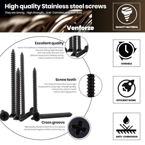 Vista 4 de Venforze Tornillos de madera de cabeza negra, cabeza plana Phillips de acero inoxidable 6 x 1-1/2, 100 unidades, tornillo de acero inoxidable 304