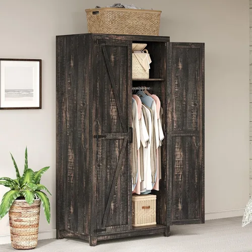 Vista 7 de AMERLIFE Armario de granja, clóset con 2 puertas estilo granero, gabinete de almacenamiento de 71" con barra para colgar y estante, almacenamiento