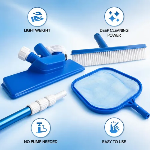 Vista 2 de FibroPool Kit de mantenimiento de piscina sobre el suelo – Poste telescópico, red desnatadora de hojas, cabezal de vacío, cepillo de piscina