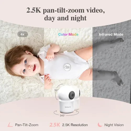 Vista 4 de Sense-U AI 2.5K PTZ Monitor de cámara para bebé con detección de movimiento de respiración de sueño sin sensores, cámara de video inteligente