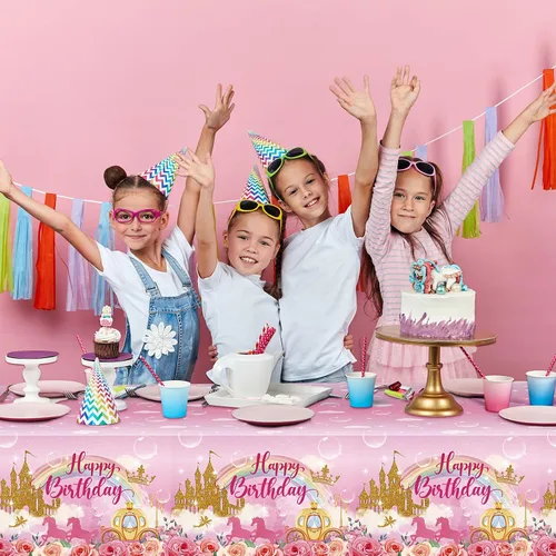 Vista 6 de Oudain Paquete de 3 manteles de plástico desechables para fiesta de princesa, manteles de plástico desechables con diseño de princesa, manteles