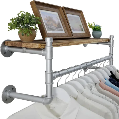 Vista 16 de WEBI Perchero de pared con estante, perchero industrial de 24 pulgadas con estantes, barra de ropa de hierro resistente, barra de ropa de exhibición