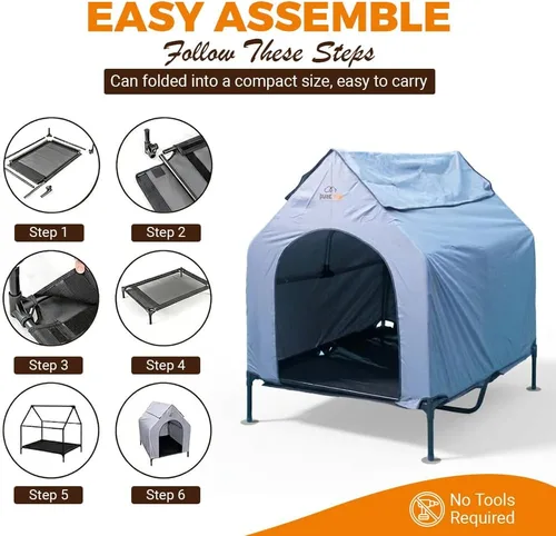 Vista 3 de Casa para perros al aire libre con toldo en el techo, cama elevada con ventanas de malla de 16.1 x 9.4 x 6.7 in/12.6 lbs - Refugio resistente a