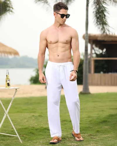 Vista 6 de EndoraDore Pantalones de lino de algodón para hombre, pantalones deportivos ajustados, pantalones elásticos para entrenamiento atlético, pantalones