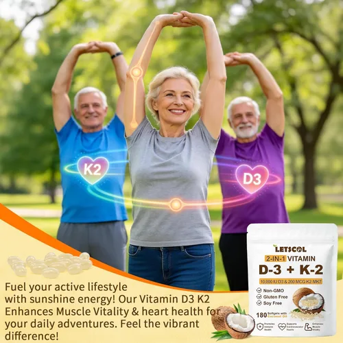Vista 7 de Suplemento de vitamina D3 K2 2 en 1 Softgel, vitamina D3 10000 UI y vitamina K2 200 mcg, K2 MK7 con suplemento de vitamina D3 que apoya la salud