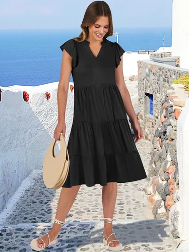Vista 5 de ANRABESS Vestido de verano para mujer, manga con volantes, cuello en V, vestido midi a la moda, casual, holgado, escalonado, bohemio, playa