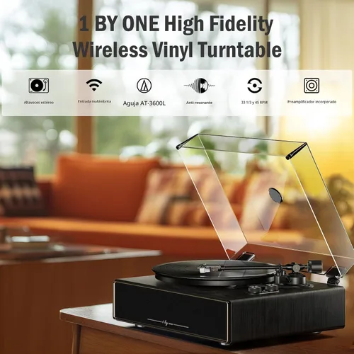 Vista 6 de 1 BY ONE High Fidelity All-in-One Record Player, Vinyl Turntable Negro