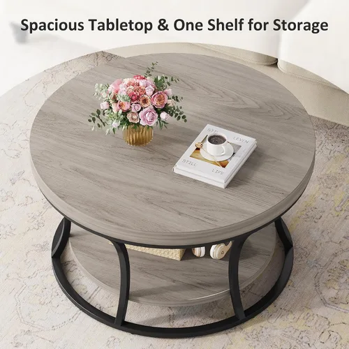 Vista 4 de Mesa de Centro Redonda para Sala de Estar, Mesa de Centro Circular de 2 Niveles con Almacenamiento, Mesa Central Decorativa de Diseño Moderno, Gris