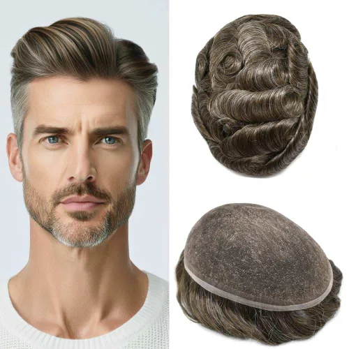 Vista 62 de Peluca de cabello humano con encaje completo, línea capilar real, para hombre, peluca de cabello con nudo blanqueado, pieza de pelo para hombres
