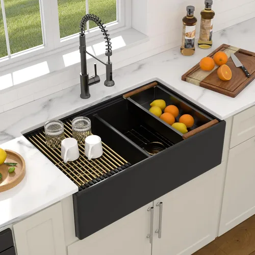 Vista 10 de Dcolora Fregadero de porcelana de cerámica negra de 33 pulgadas, fregadero de cocina frontal con delantal de arcilla refractaria con accesorios