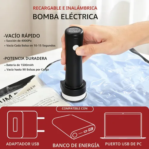 Vista 5 de Travel Vacuum Bags for Clothing with Cordless Pump 18 Combo, Black