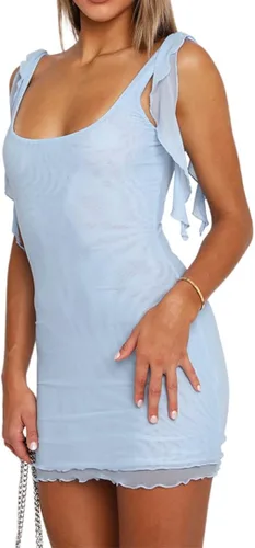 Vista 3 de Salimdy Minivestido sexy de tubo para mujer, con cuello cuadrado, sin mangas, con volantes, de malla, tirantes delgados