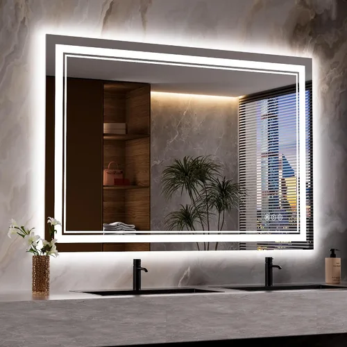 Vista 28 de Espejo de baño LED de 24 x 28 pulgadas, luz frontal y retroiluminada, antiniebla, regulable, espejo de tocador iluminado con memoria, espejo LED