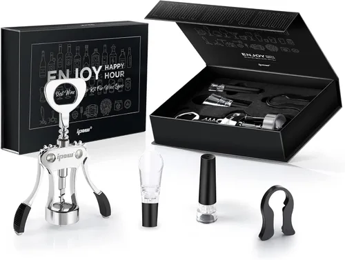 Vista 8 de IPOW Abridor de vino, abridor de botellas de vino de aleación de zinc, sacacorchos de ala resistente, sacacorchos multifuncional manual para Negro