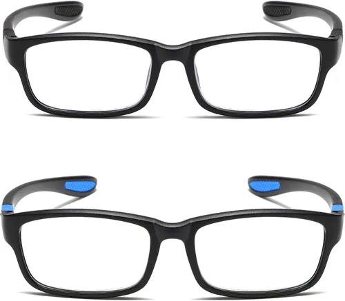 Vista 2 de Gafas de lectura para hombre, 2 pares, ultra ligeras, TR90, estilo deportivo, bloqueo de luz azul, lectores+1.0 (negro y azul)