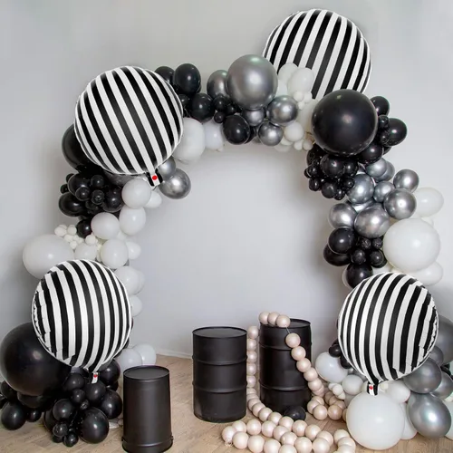 Vista 3 de 12 globos de rayas blancas y negras, globos de aluminio de Halloween de 18 pulgadas, globos a rayas negras para fiesta de cumpleaños, baby shower