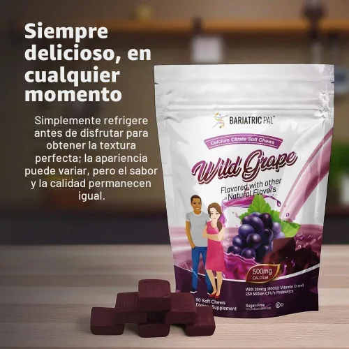 Vista 7 de BariatricPal Citrato de calcio sin azúcar, masticables suaves, 500 mg con probióticos (90 unidades) – uva silvestre