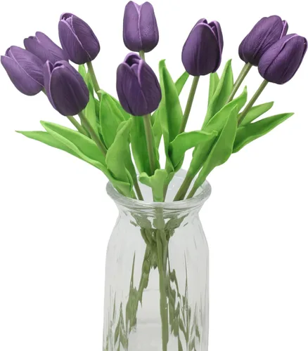 Vista 17 de Flores artificiales, 10 cabezas, mini tulipán artificial de tacto real para decoración del hogar, boda, fiesta, centro de mesa (negro)