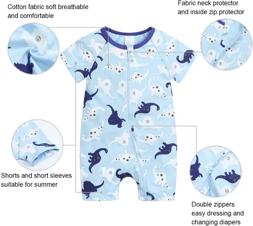 Vista 5 de MYGBCPJS Pijama de algodón de manga corta para bebés, niños y niñas, con cremallera, trajes de verano