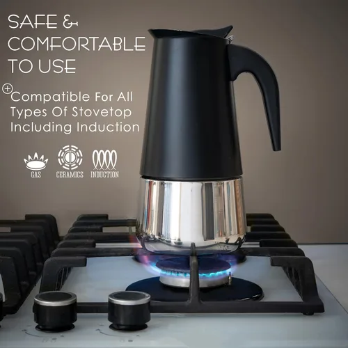 Vista 7 de Mixpresso Cafetera Espresso Greca Negra para Estufa de 6 Tazas 300ml/10oz, Olla Moka con Diseño de Percolador de Café, Cafetera de Acero Inoxidable